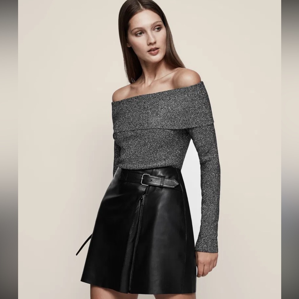 Reiss Jessa Size Small Off the Shoulder Shimmering Silver + Black Knit Sweater